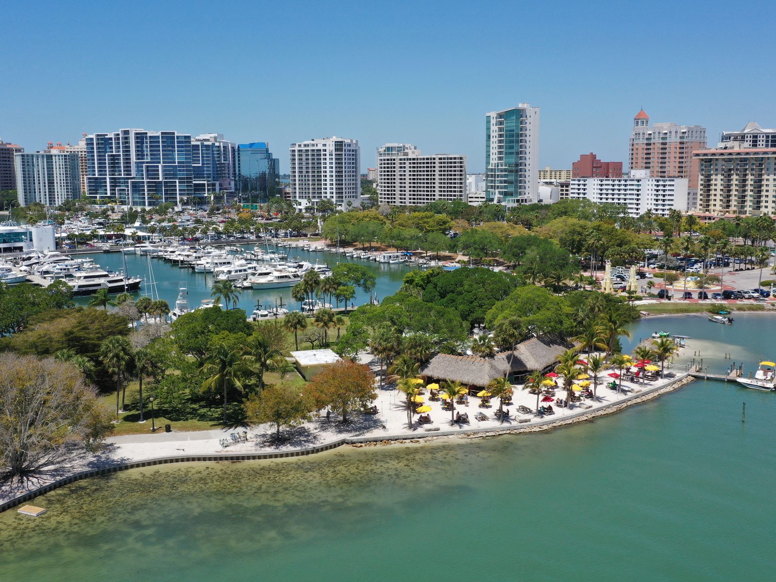 Aerial view of the Sarasota bayfront: the marina and Island Park in the foreground with the downtown skyline rising behind