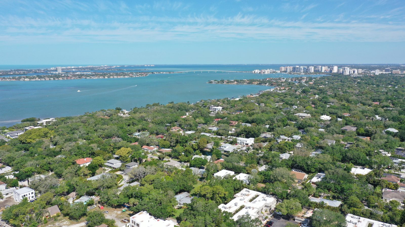 Aerial view over the West of Trail tree canopy toward Sarasota Bay, with the Ringling Causeway and the downtown Sarasota skyline in the distance