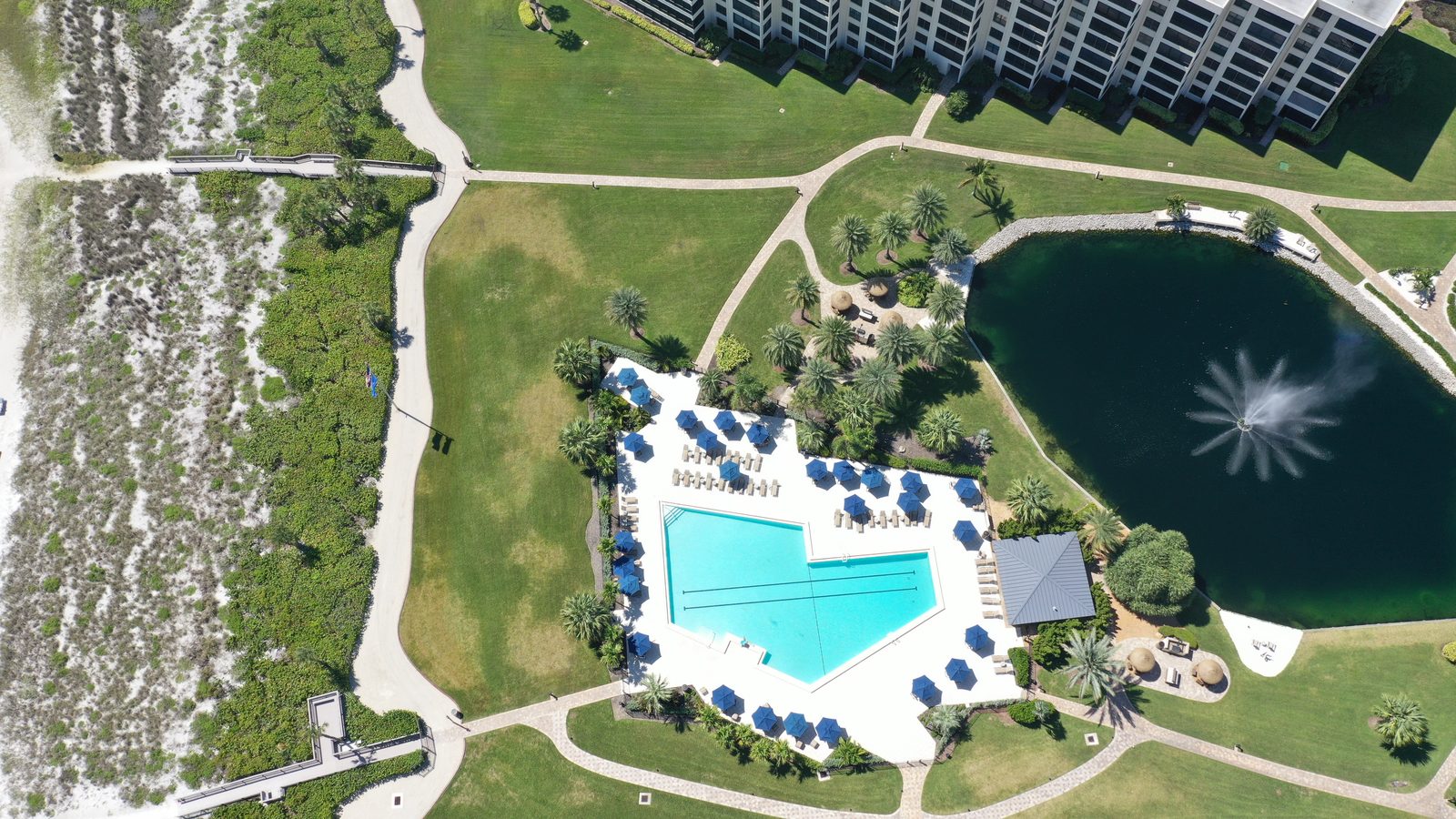 The resort pool and lagoon at Gulf & Bay Club, a short walk from the sand